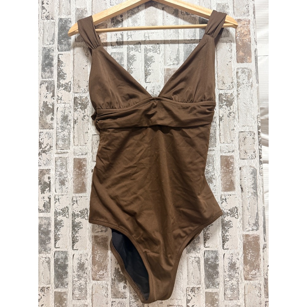 J.Crew One Piece Swimsuit Women 10 Brown V-Neck Empire Waist Ruched Made in USA